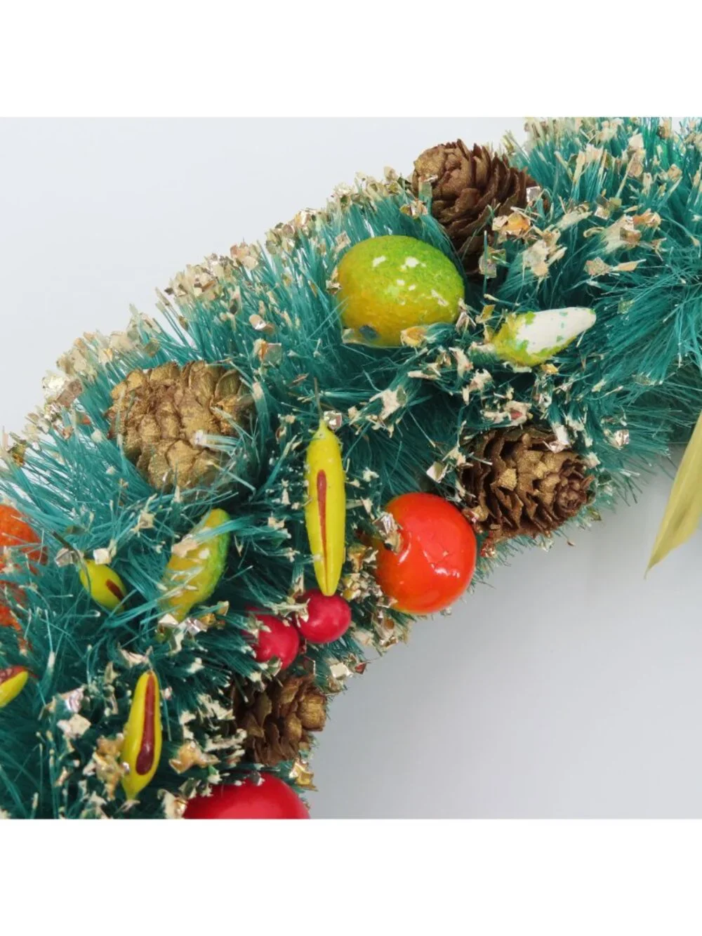 VTG Green Bottle Brush Wreath 12in Gold Flocked Multicolor Fruit Pinecone Retro